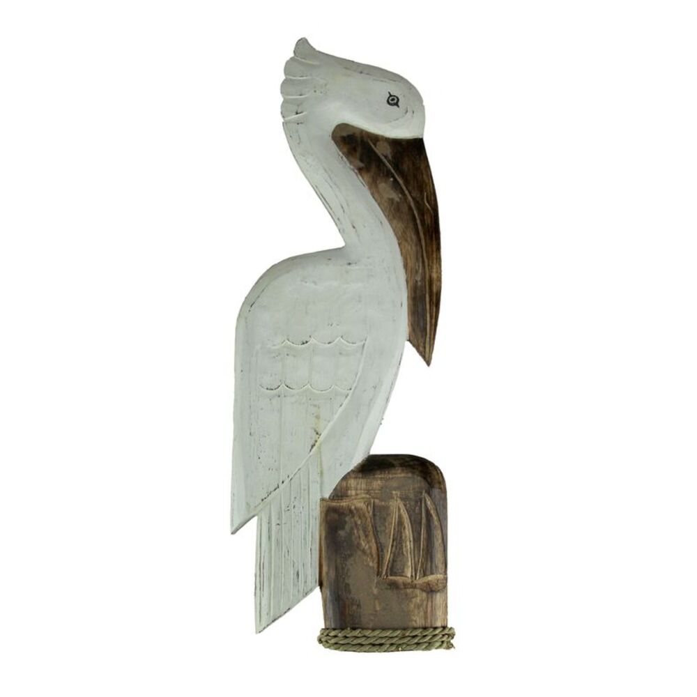 White Wood Coastal Pelican Perched On Nautical Piling Wall Sculpture 24 inch